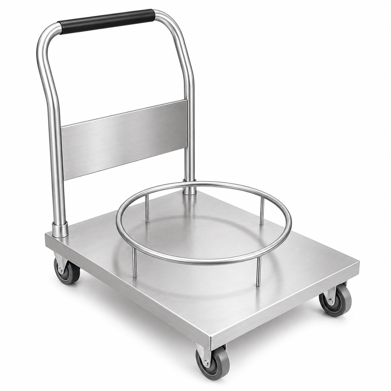 Heavy-duty stainless steel stock pot trolley with custom retaining ring for hot soup pot transport