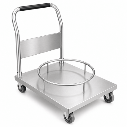 Heavy-duty stainless steel stock pot trolley with custom retaining ring for hot soup pot transport