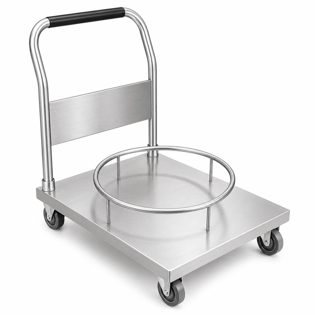Heavy-duty stainless steel stock pot trolley with custom retaining ring for hot soup pot transport