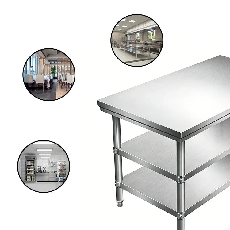 Stainless steel commercial kitchen worktable with shelves, ideal for industrial food prep and dining areas.