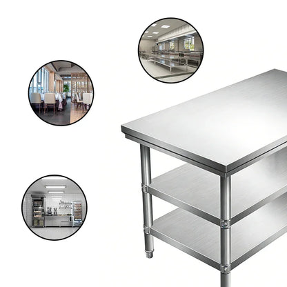Stainless steel commercial kitchen worktable with shelves, ideal for industrial food prep and dining areas.