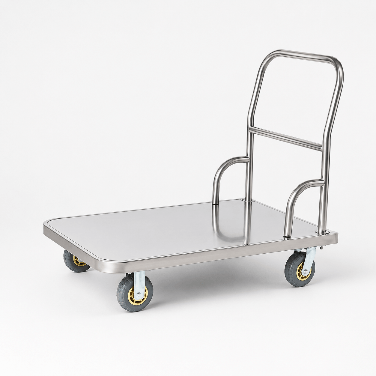 Foldable stainless steel platform truck with embossed anti-slip deck and round tube handle for commercial transport