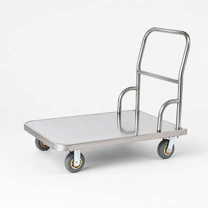 Foldable stainless steel platform truck with embossed anti-slip deck and round tube handle for commercial transport