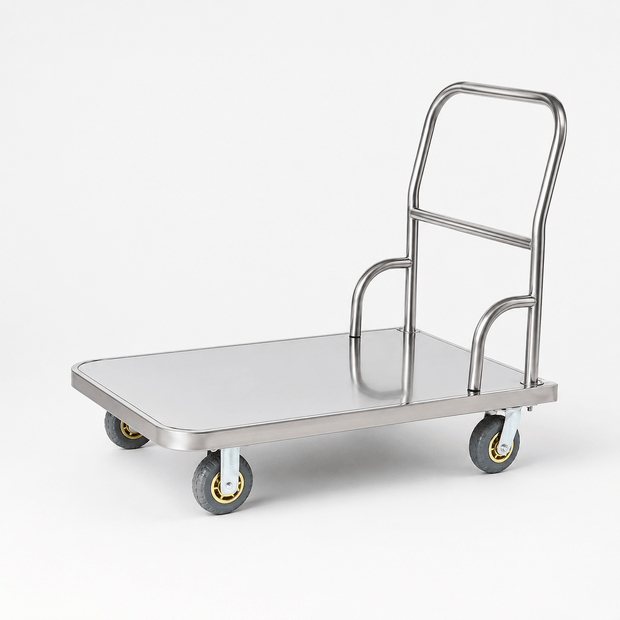 Foldable stainless steel platform truck with embossed anti-slip deck and round tube handle for commercial transport