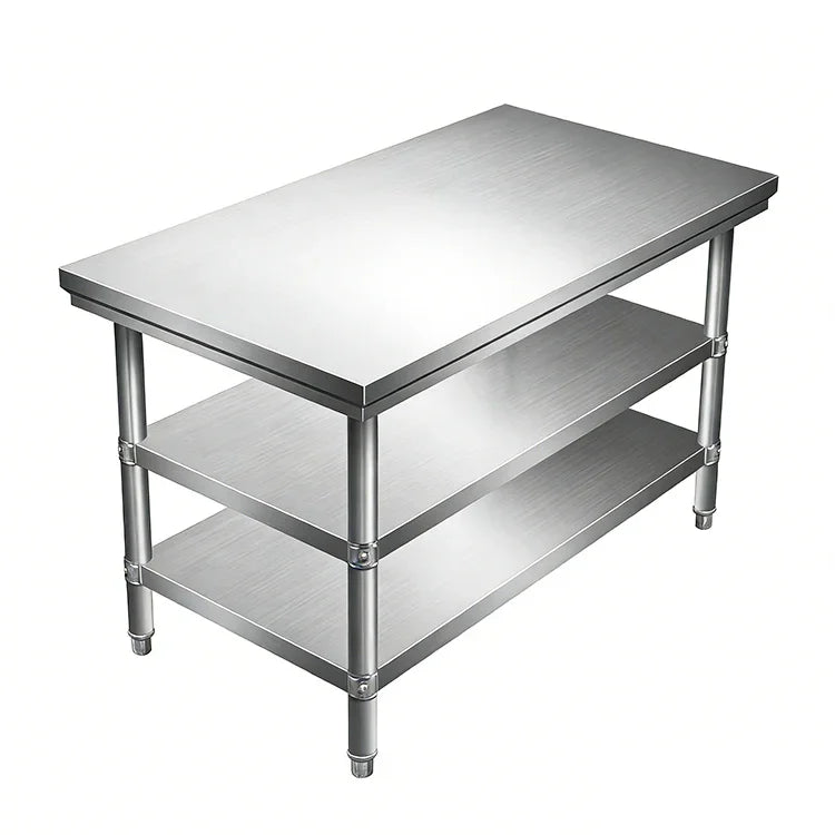 Stainless steel commercial kitchen worktable with two shelves, ideal for industrial food prep