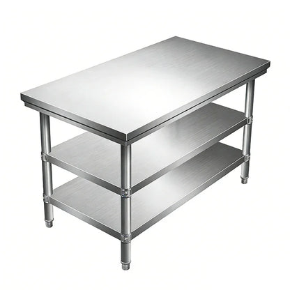 Stainless steel commercial kitchen worktable with two shelves, ideal for industrial food prep