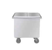 Stainless steel flour bin with sloped two-part lid and castors