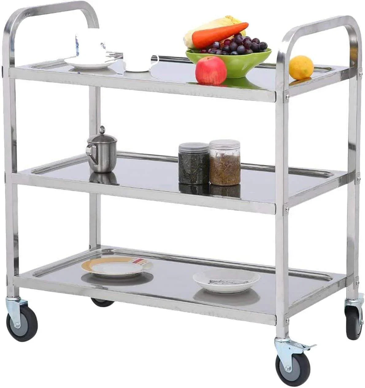 Stainless steel commercial kitchen cart with three shelves, holding fruits, jars, and dishes