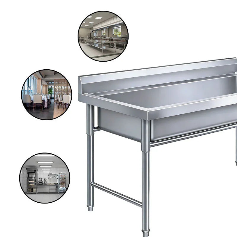Stainless steel commercial kitchen sink with worktable, ideal for restaurants and industrial kitchens
