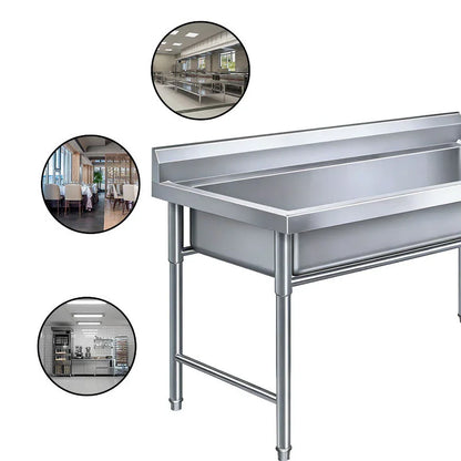 Stainless steel commercial kitchen sink with worktable, ideal for restaurants and industrial kitchens