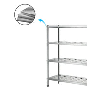 Stainless steel commercial shelving unit with slatted shelves for industrial kitchen use