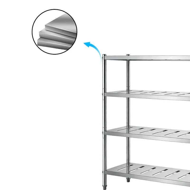 Stainless steel commercial shelving unit with slatted shelves for industrial kitchen use
