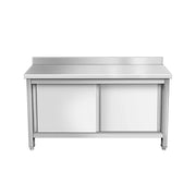 Custom stainless steel prep cabinet with sliding door storage for restaurant and hotel kitchens