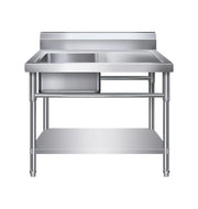 Stainless steel commercial sink with double basin and under-shelf storage for industrial kitchens
