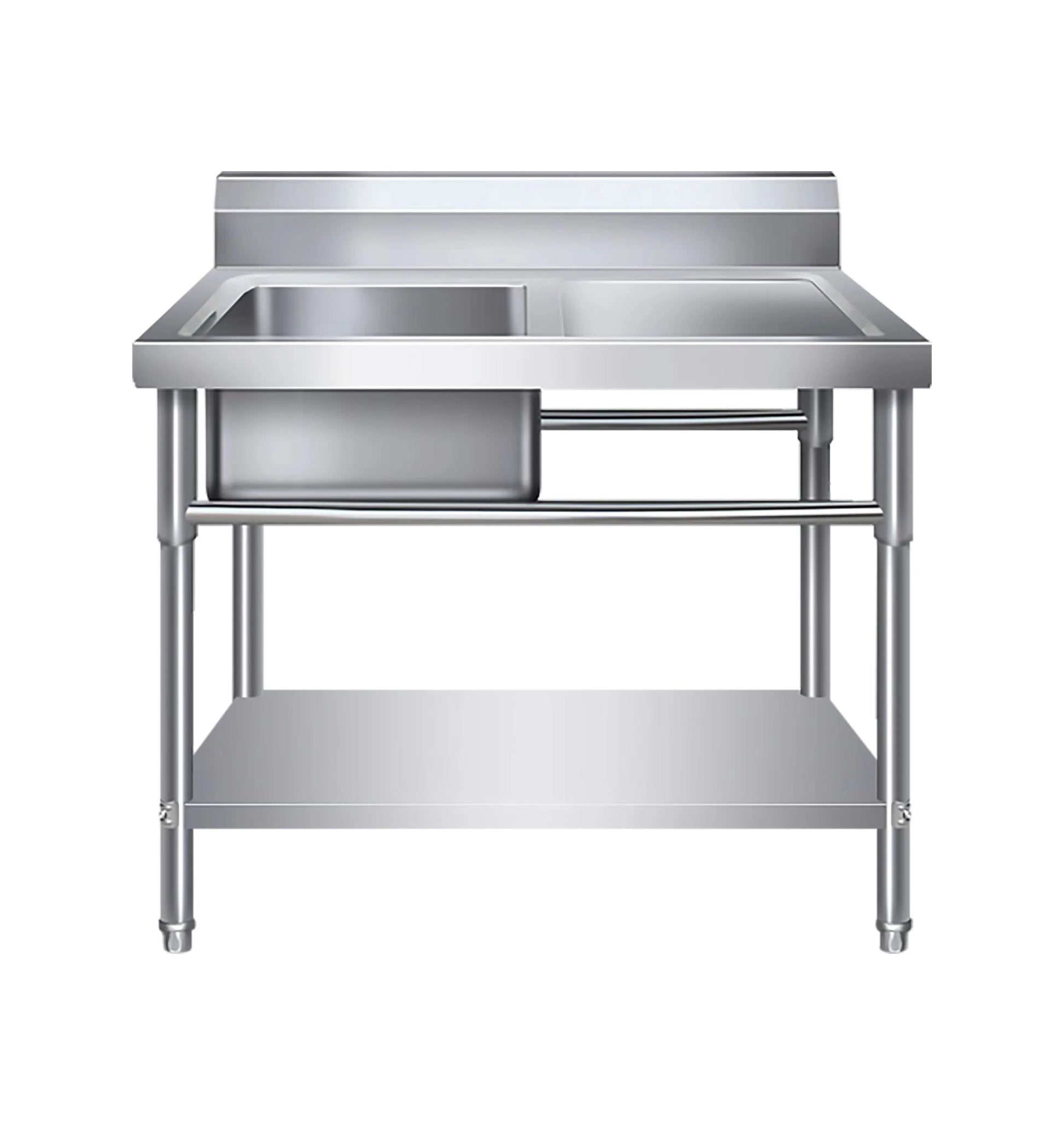 Stainless steel commercial sink with double basin and under-shelf storage for industrial kitchens