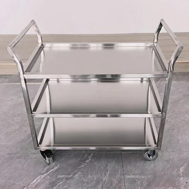 stainless steel utility cart with recessed trays and end handles