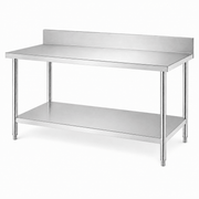 Stainless steel 2-tier worktable with round legs and backsplash for commercial kitchens