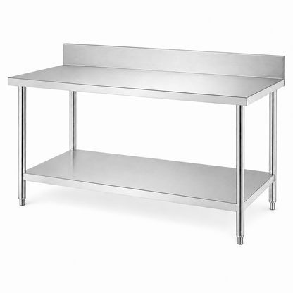 Stainless steel 2-tier worktable with round legs and backsplash for commercial kitchens