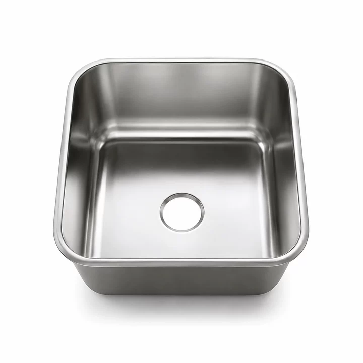 Deep-drawn stainless steel sink basin with rolled rim and rounded corners