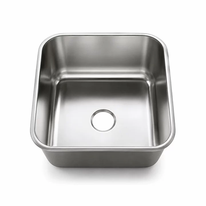 Deep-drawn stainless steel sink basin with rolled rim and rounded corners