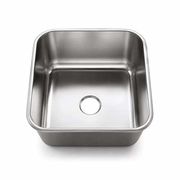 Deep-drawn stainless steel sink basin with rolled rim and rounded corners