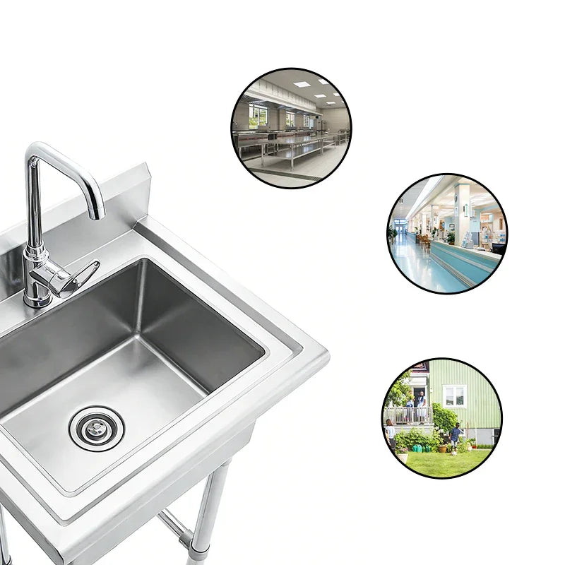 Stainless steel commercial sink with faucet, ideal for industrial kitchens and food service settings