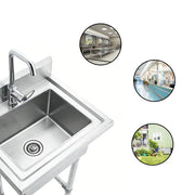 Stainless steel commercial sink with faucet, ideal for industrial kitchens and food service settings