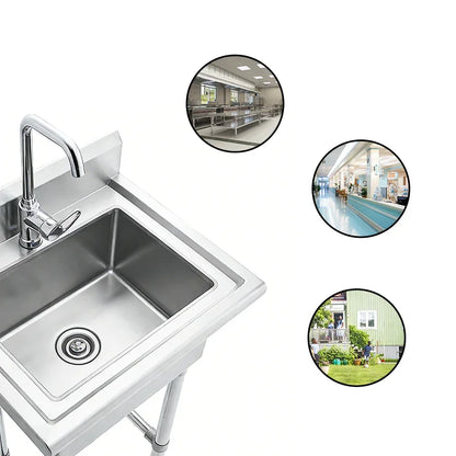Stainless steel commercial sink with faucet, ideal for industrial kitchens and food service settings
