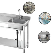 Stainless steel commercial sink with faucet and shelf, ideal for industrial kitchens