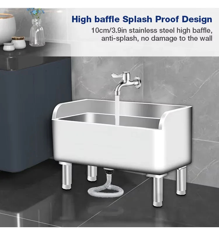 Stainless steel commercial sink with high baffle splash proof design, ideal for industrial kitchens