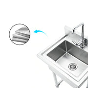 Stainless steel commercial sink with faucet, showcasing durable layered construction for industrial kitchens.