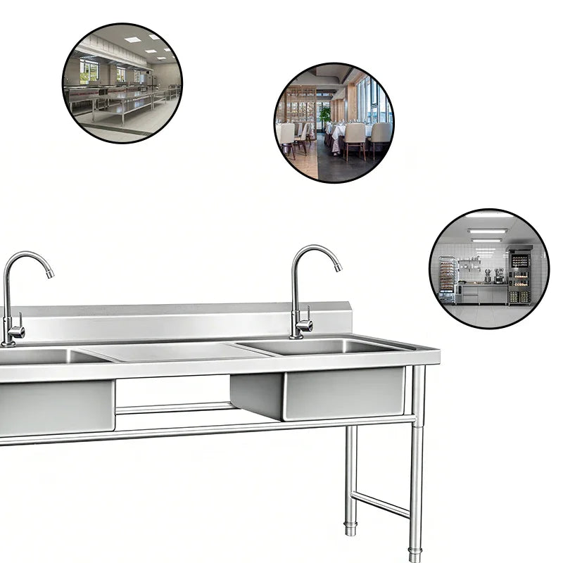 Stainless steel commercial kitchen sink with dual basins and faucets, ideal for restaurant or industrial use.