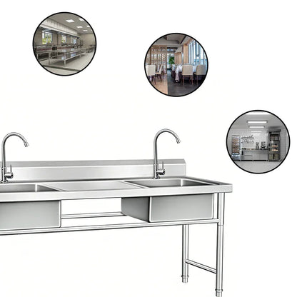 Stainless steel commercial kitchen sink with dual basins and faucets, ideal for restaurant or industrial use.