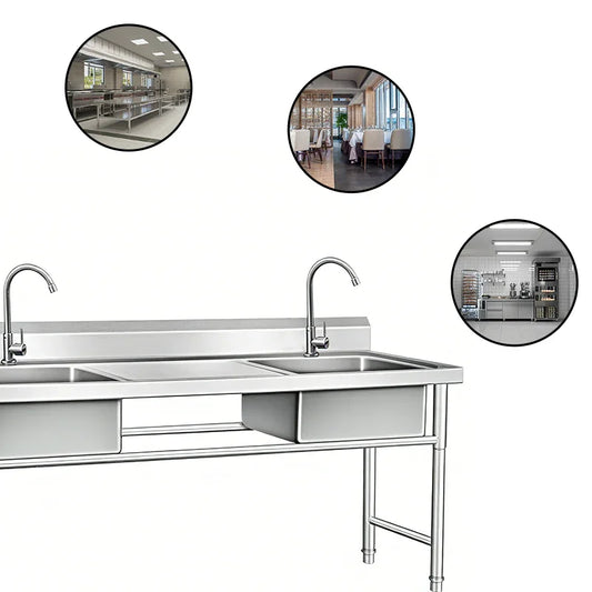 Stainless steel commercial kitchen sink with dual basins and faucets, ideal for restaurant or industrial use.