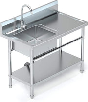 Stainless steel commercial sink with prep table and lower shelf for kitchen use