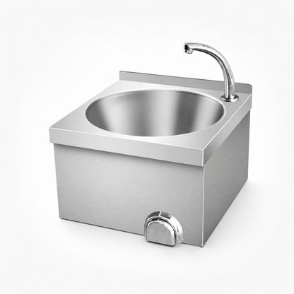 Wall-mounted knee-operated stainless steel hand wash sink with deep-drawn bowl and faucet for commercial hygiene stations