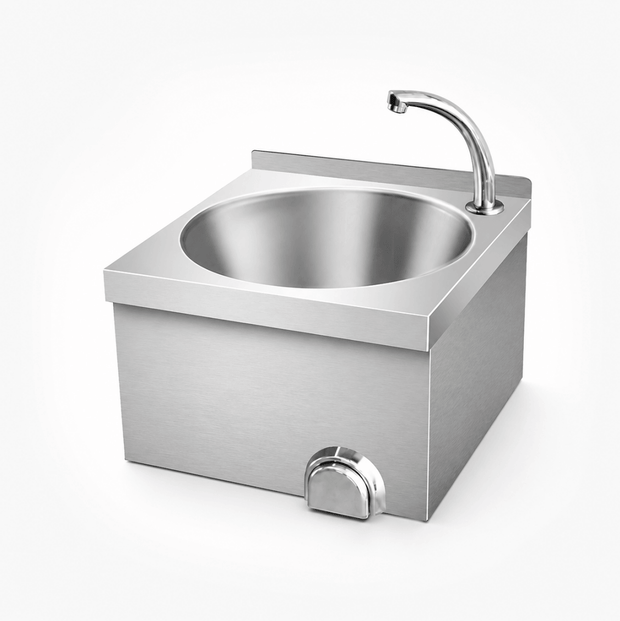 Wall-mounted knee-operated stainless steel hand wash sink with deep-drawn bowl and faucet for commercial hygiene stations