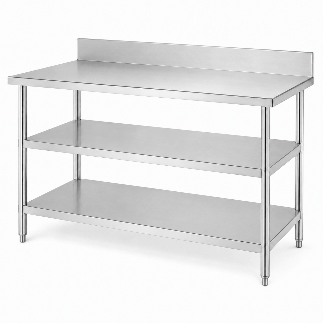 Commercial 3-tier stainless steel worktable with mirror round tube legs and two lower shelves