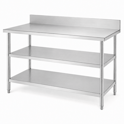 Commercial 3-tier stainless steel worktable with mirror round tube legs and two lower shelves