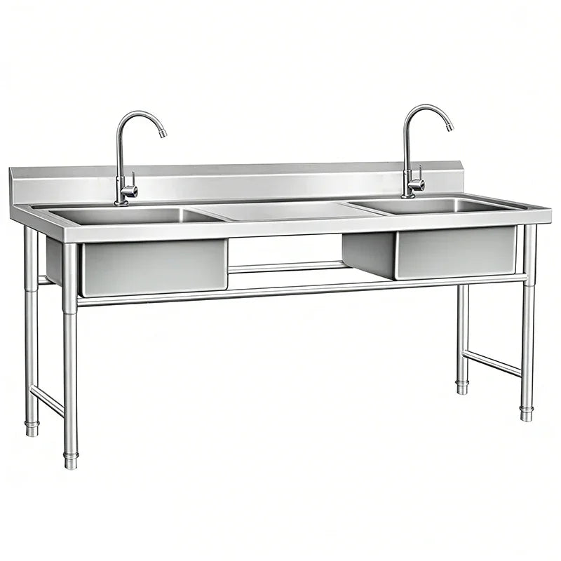 Stainless steel commercial sink with dual basins and faucets for industrial kitchens