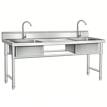Stainless steel commercial sink with dual basins and faucets for industrial kitchens