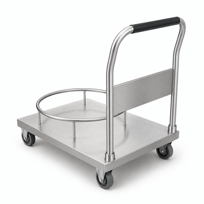 Custom stainless steel platform cart with three-side rails and reinforced deck for B2B kitchen equipment buyers