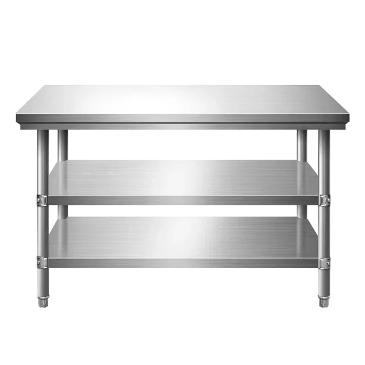 Stainless steel commercial kitchen worktable with two shelves for storage and prep