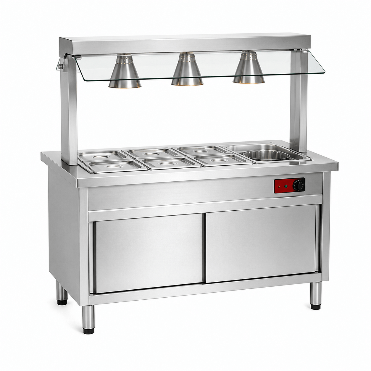 CE-certified stainless steel bain-marie cabinet with heat lamps for canteens and catering service
