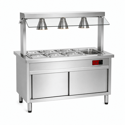 CE-certified stainless steel bain-marie cabinet with heat lamps for canteens and catering service
