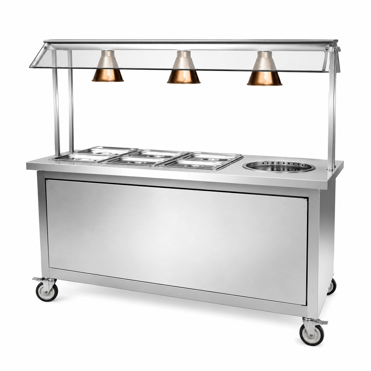 Electric water bath bain-marie serving counter with overhead heat lamps for hotel buffet lines