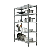 Stainless steel commercial kitchen shelving unit with pots, pans, and dishes organized neatly