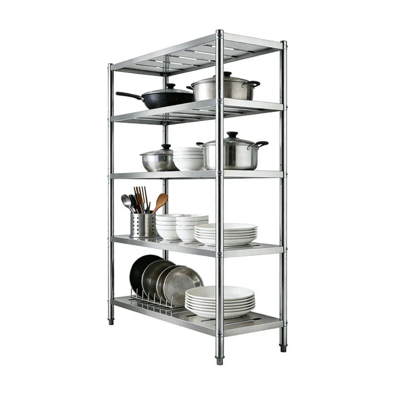 Stainless steel commercial kitchen shelving unit with pots, pans, and dishes organized neatly