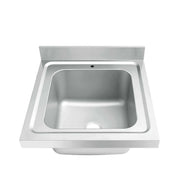 Stainless steel commercial sink with single basin and drain, ideal for industrial kitchens