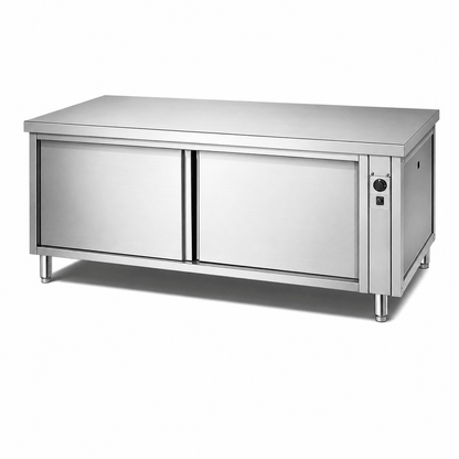Commercial stainless steel heated plate counter cabinet for warming plates bowls and tableware in hotel kitchens